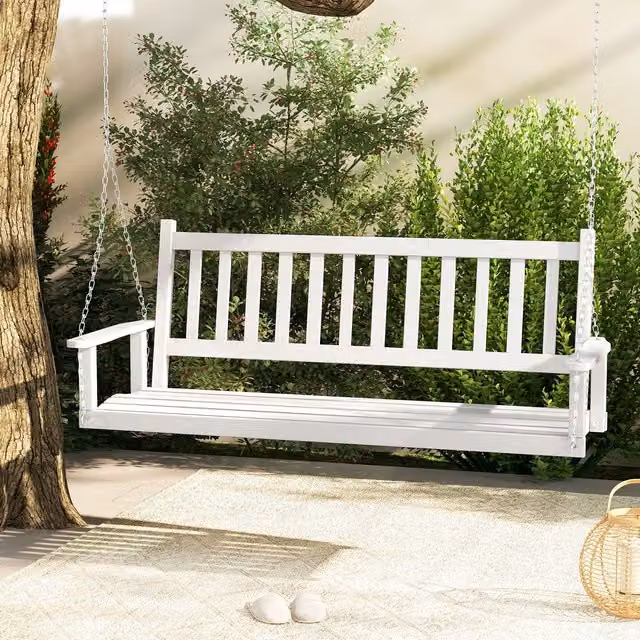 Costway 3-Person Wooden Garden Swing Bench with Slatted Back and Armrests in White – 1