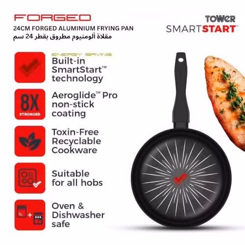 Tower SmartStart Non-Stick Aluminium Frying Pan, Black, 24cm – 2