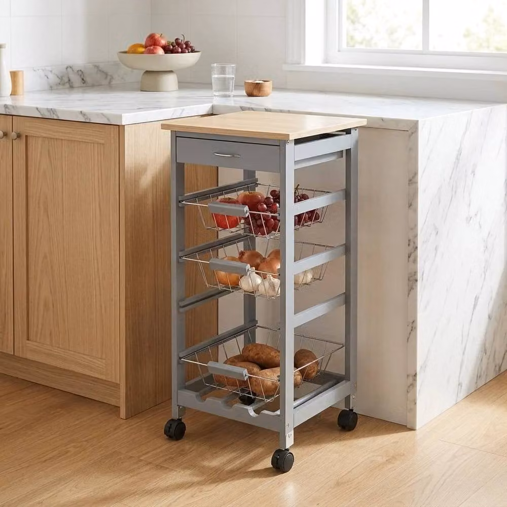 KORVIXA 3 Tier Kitchen Storage Cart Rolling Trolley with Bamboo Worktop, Grey and Multicolour, W/D/H: 100 x 100 x 100 cm – 4