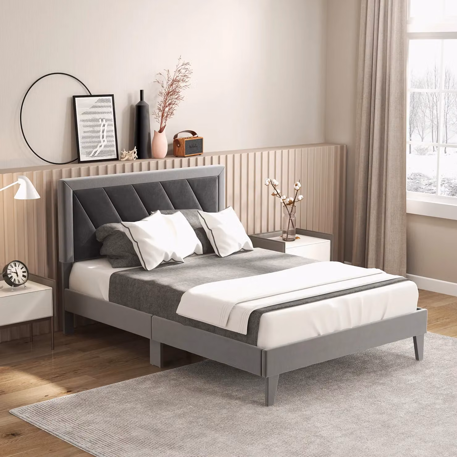 Gymax Double Velvet Upholstered Platform Bed Frame with High Headboard in Grey, W/D/H: 140 x 200 cm – 5