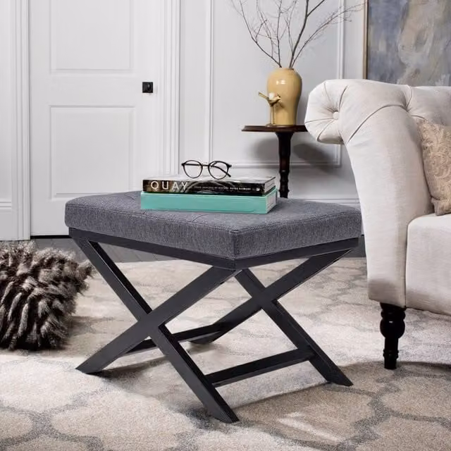 Livingandhome Vintage Linen Fabric Buttoned Pouffe Footstool in Grey