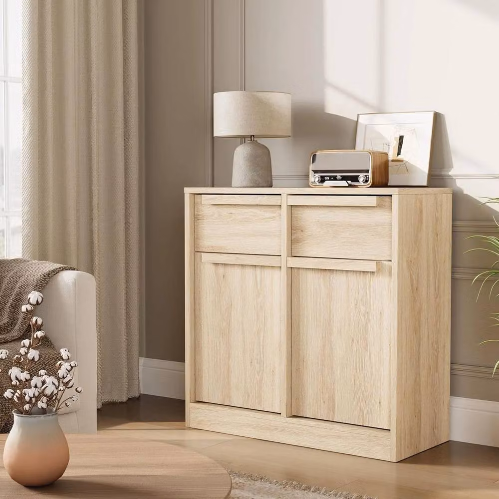 VOGREX Wooden Large Sideboard Storage Cupboard with 2 Doors and 2 Drawers in Light Oak Brown – 3