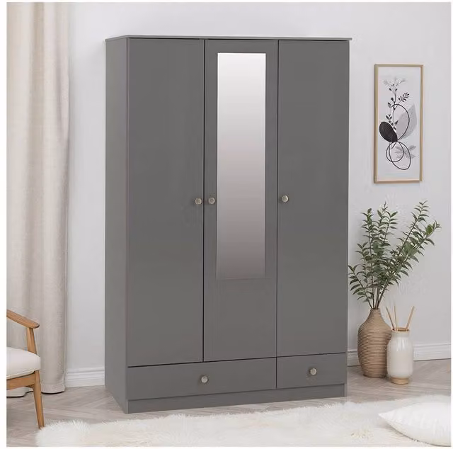 Seconique Denver 3 Door 2 Drawer Mirrored Wardrobe in Grey Gloss – 1