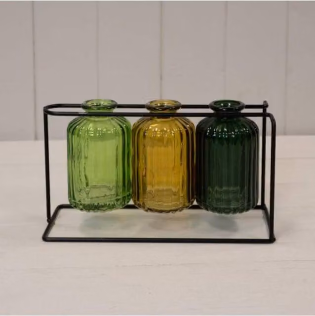 KDMD Three Multicolour Striped Glass Bottles with Round Tabletop Stand