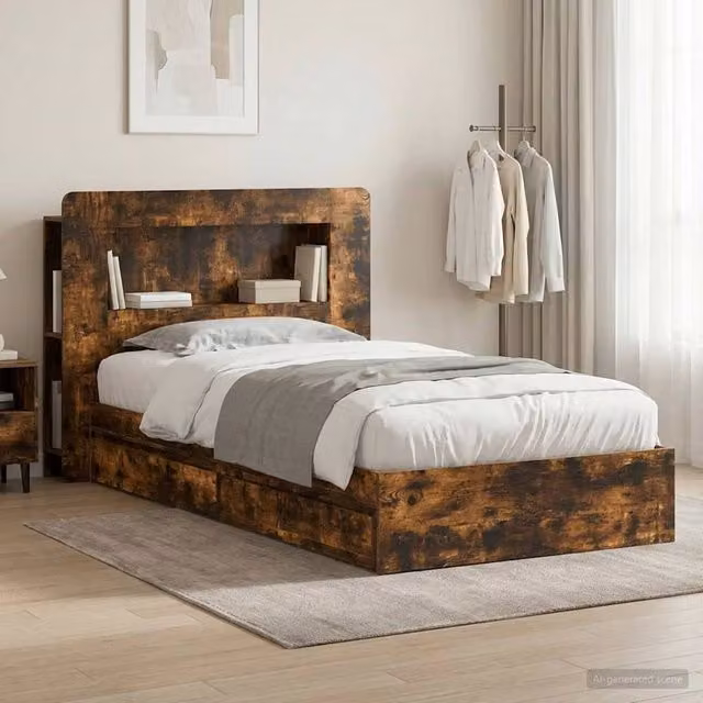 Berkfield Home Modern Bed Frame with Storage Drawers in Smoked Oak Brown, W/D/H: 100 x 200 cm – 1