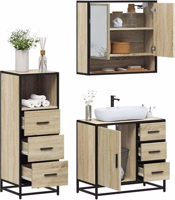 Berkfield Home 3 Piece Industrial Bathroom Furniture Set in Sonoma Oak and Brown – 1
