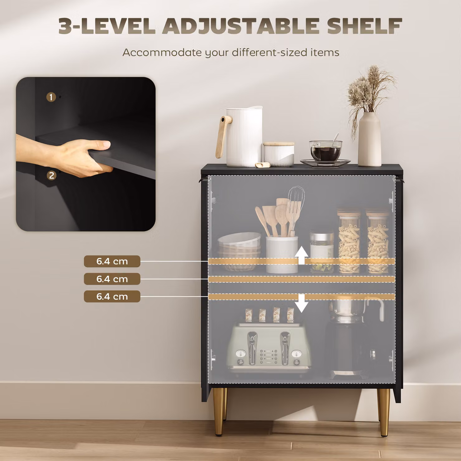 HOMCOM Modern Black Matt Metal Sideboard with Adjustable Shelves – 4