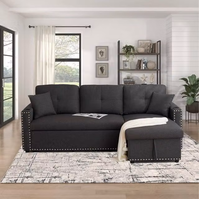 Kosy Koala 3 Seater Reversible L-Shape Corner Sofa Bed with Pull Out Frame and Cup Holders in Dark Grey Fabric