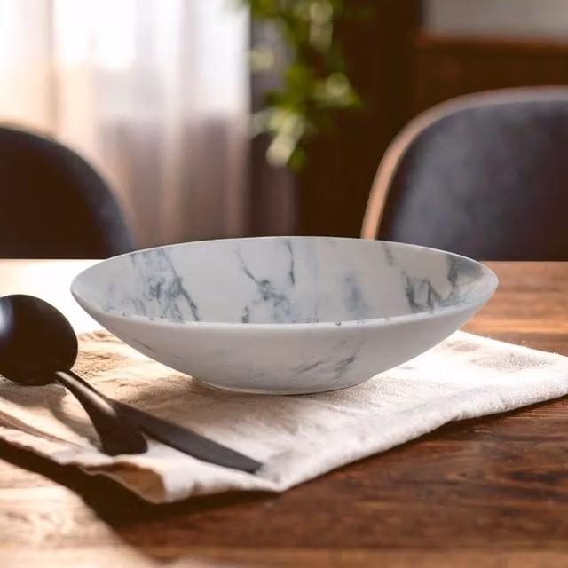 Orsina White Porcelain Soup Bowl with Gold Detail and Veined Interior