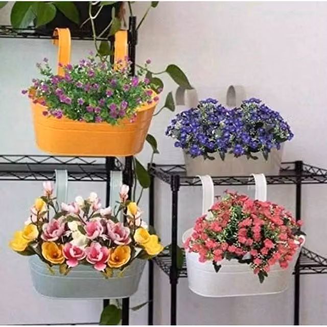 EONLION Set of 4 Metal Hanging Flower Pots for Fences and Gardens in Orange