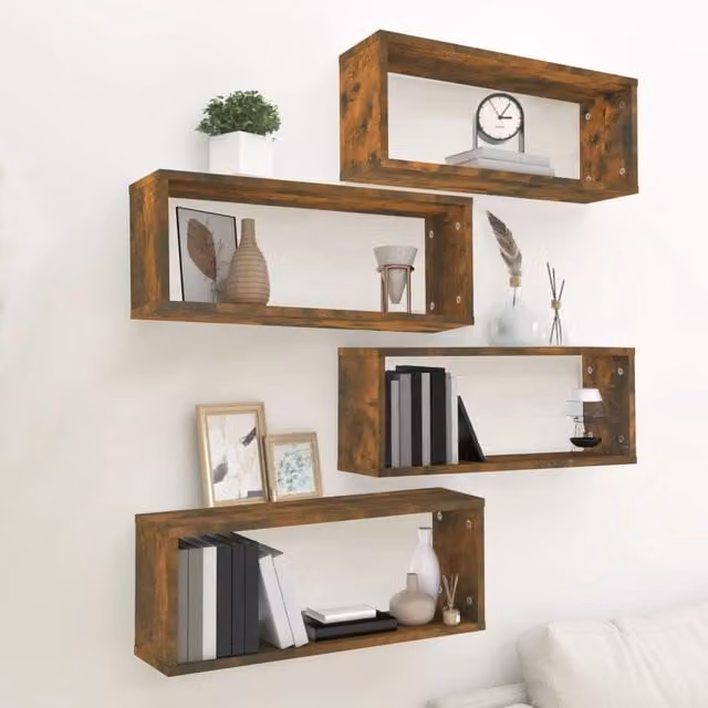 Berkfield Home Wall Cube Shelves, 4 Piece Set in Smoked Oak Brown, W/D/H: 60 x 15 x 23 cm