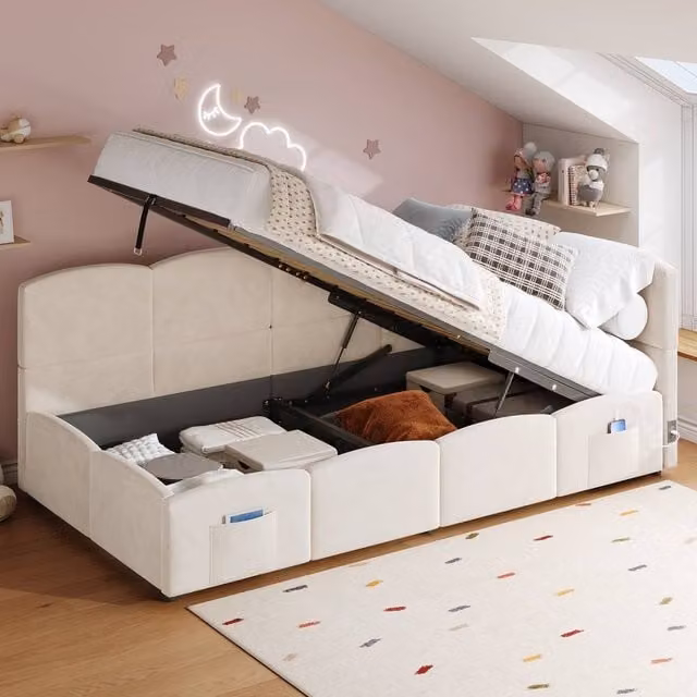 ModernLuxe Beige Velvet Single Sofa Bed with Hydraulic Storage and L-shaped Headboard – 1