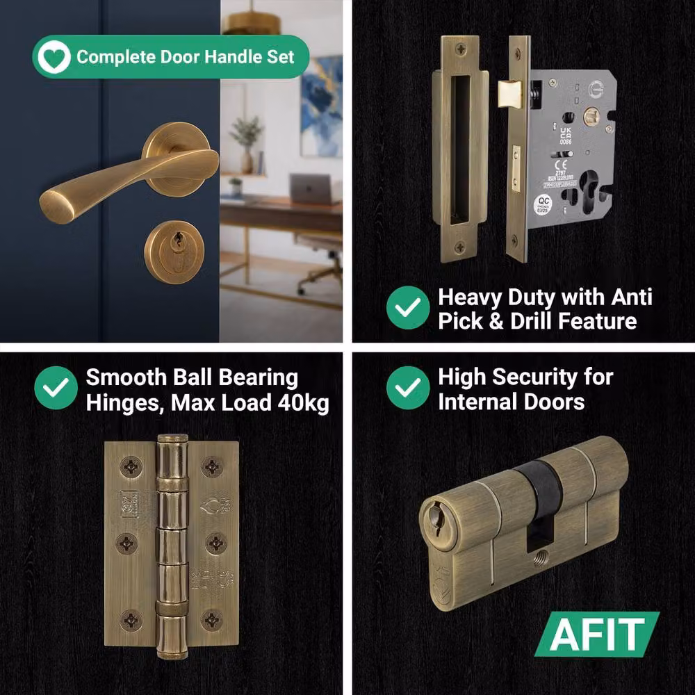 AFIT Antique Brass Door Handle with Euro Lock, Double Cylinder and Hinges in Bronze, 150 x 150 mm – 7