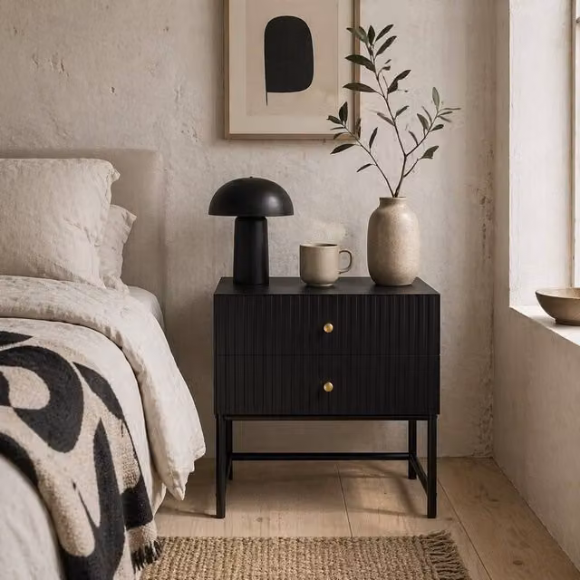Wyld Haus Nafico Black and Gold Ribbed 2 Drawer Bedside Table W/D/H: 48 x 30.8 x 60 cm – 1