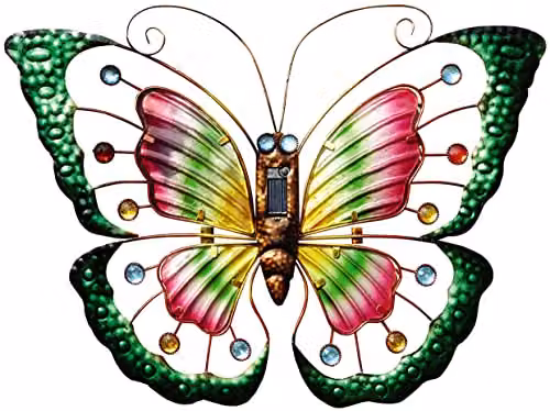 mysmartbuy Butterfly Solar Powered Light Decoration, Multicoloured Metal and Glass Outdoor Garden Hanging Ornament, H: 40 cm, W: 57 cm – 1