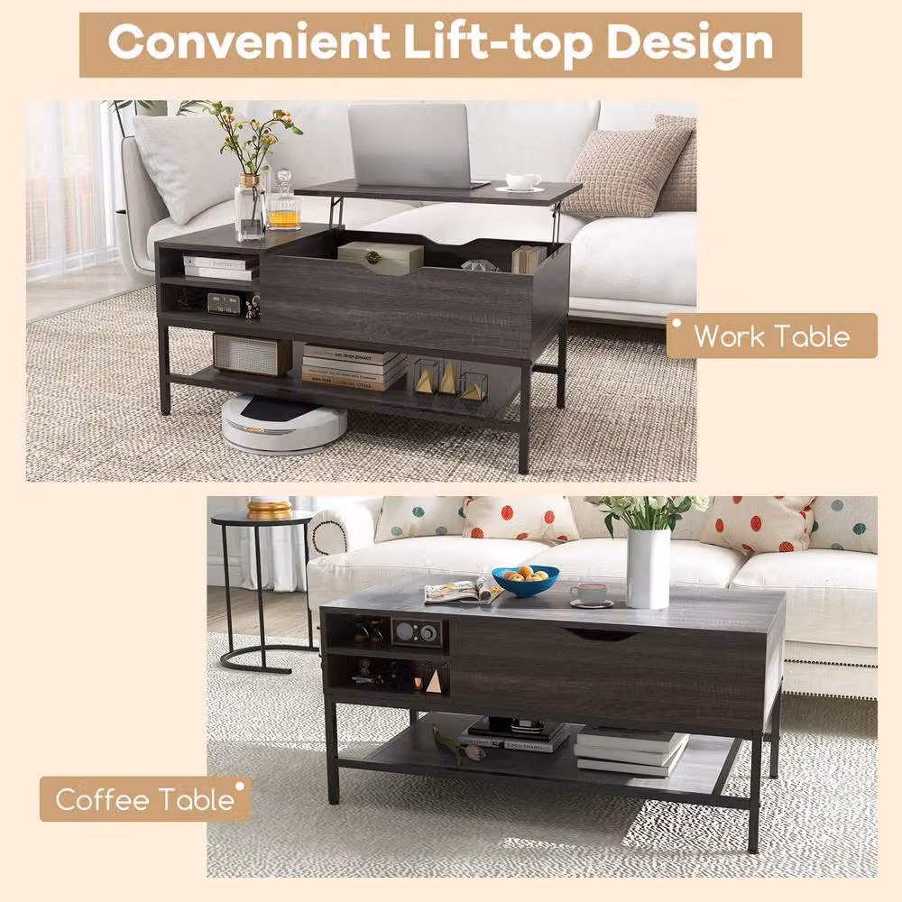 Costway Modern Lift Top Coffee Table with Removable Shelf in Grey – 3