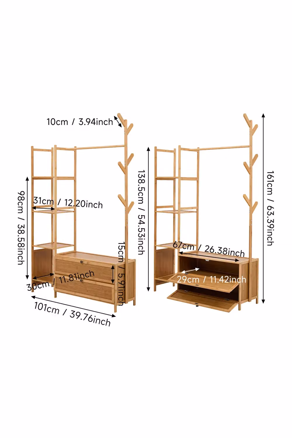 Living and Home Bamboo Freestanding Clothes Rack with Storage Shelves in Natural Brown – 3