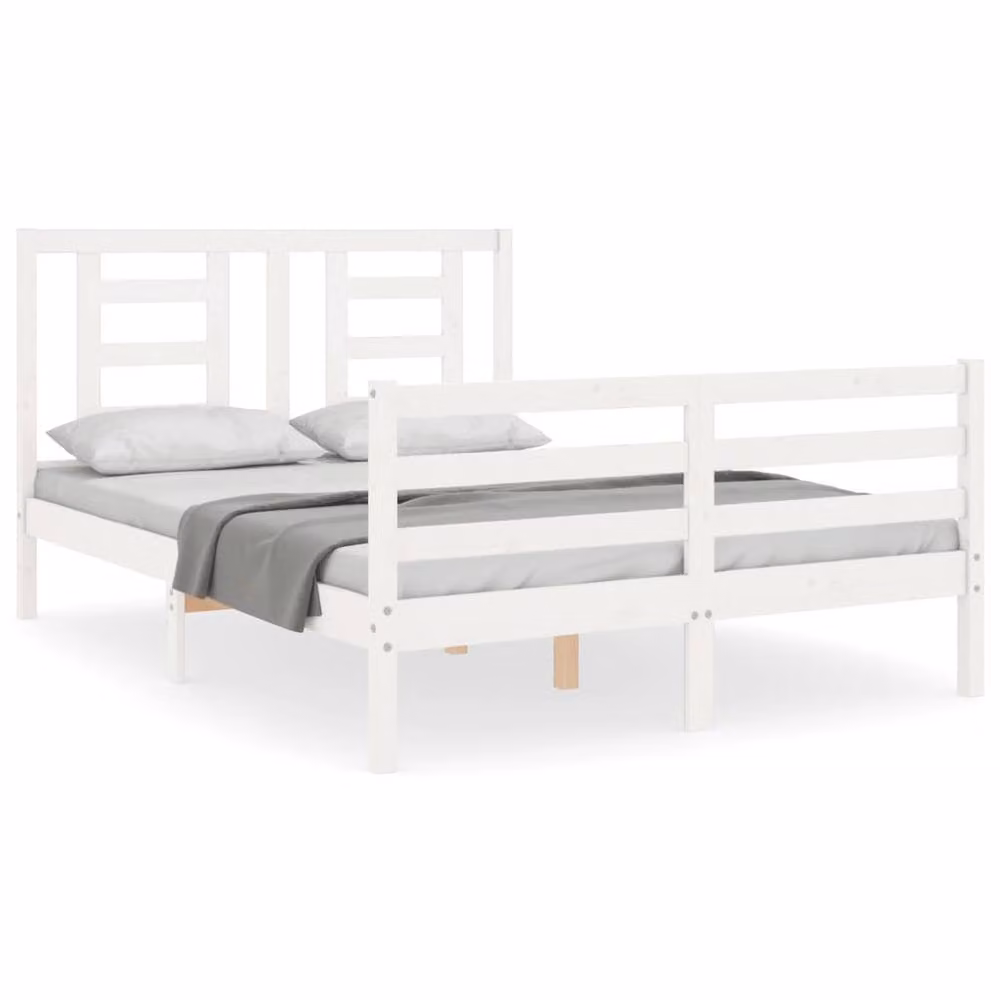 Berkfield Home Beautiful Solid Wood Bed Frame with Headboard in White, W/D/H: 140 x 200 x 145.5 cm – 2