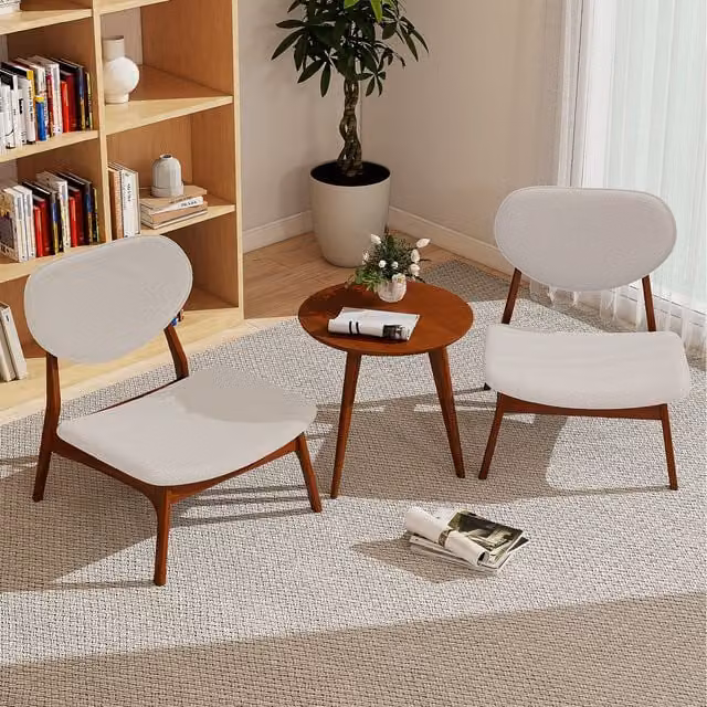 COSTWAY Mid-Century White Upholstered Accent Chair and Wood Table Set