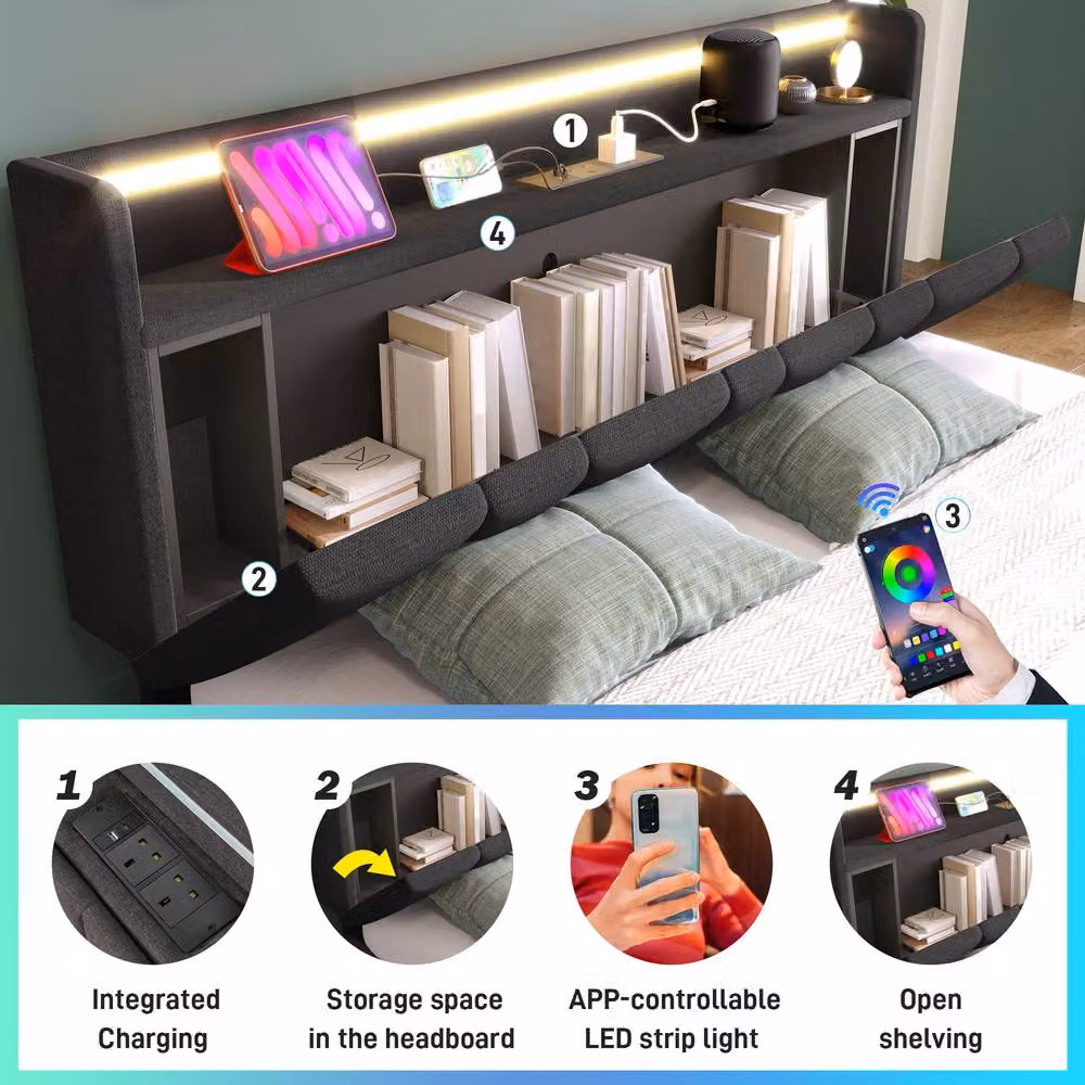 ModernLuxe Grey Upholstered King Size Ottoman Bed with LED Lighting, USB Charging Ports and Storage Headboard, H 105 cm x W 150 cm x D 200 cm – 3