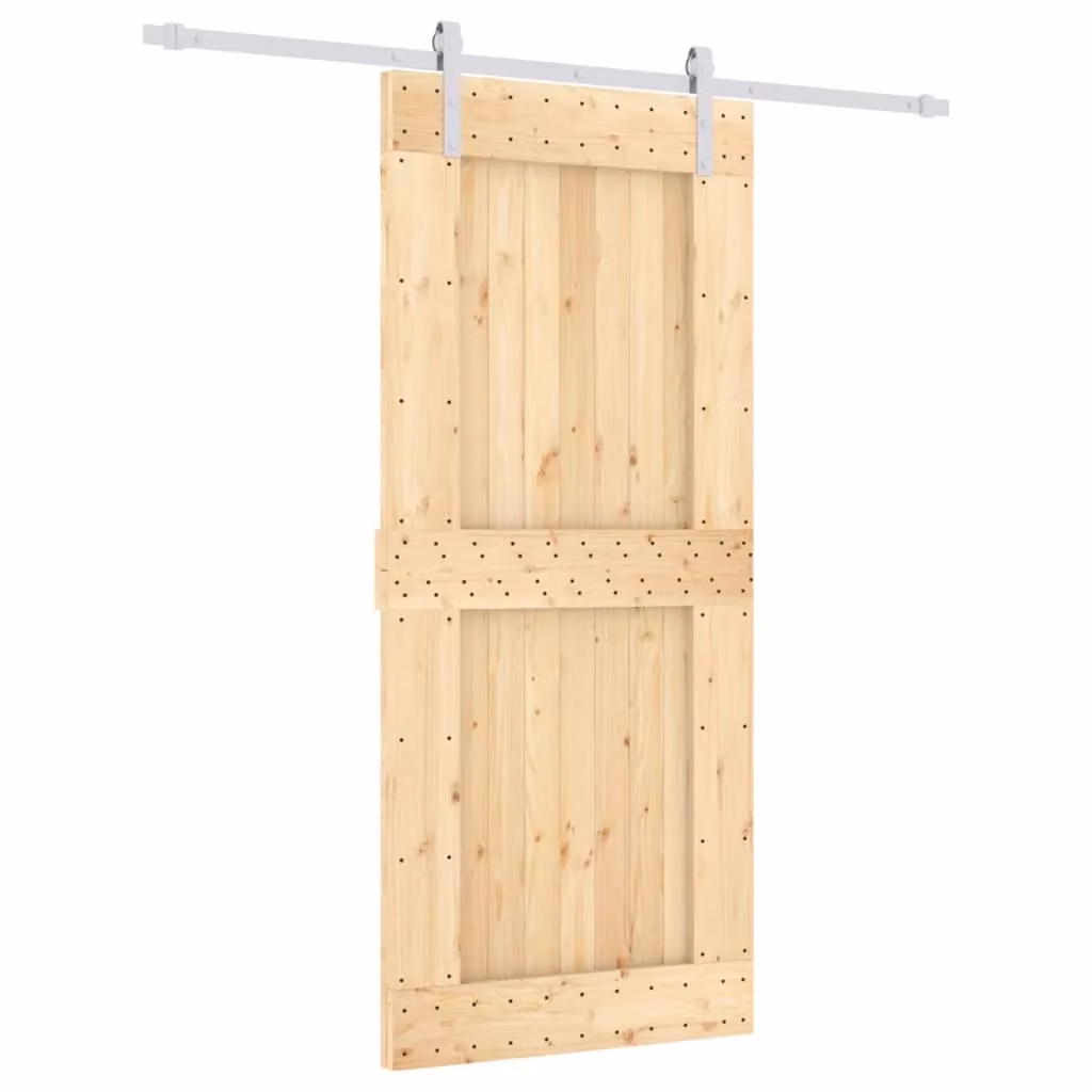 Berkfield Home Rustic Solid Pine Wood Sliding Door with Hardware Set in Brown, W: 90 cm, H: 210 cm