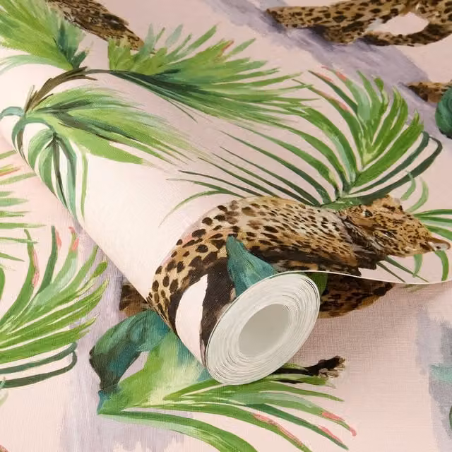 Rasch Self-Adhesive Savanna Wallpaper in Pink, Green and Sand with Botanical Animal Print Matt Finish