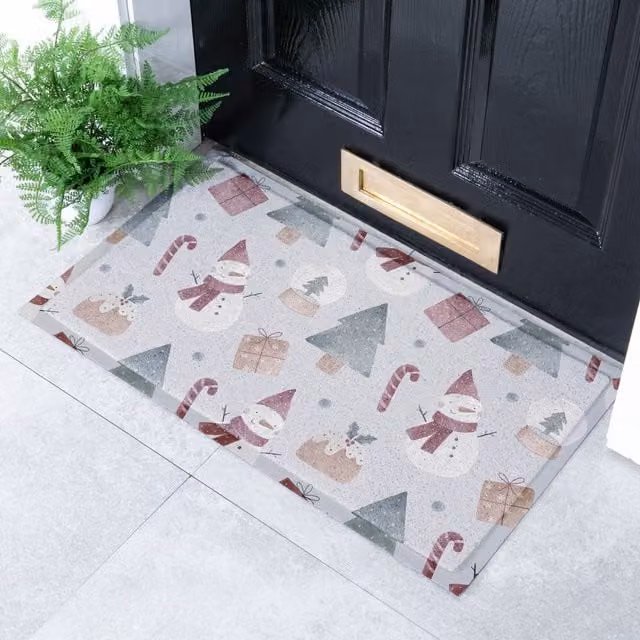 Artsy Mats Snowman Christmas Doormat, White and Multicolour, Weatherproof and Non-Slip PVC Mat