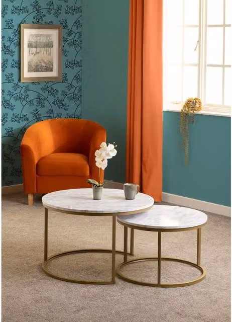 Seconique Dallas Round Nested Coffee Table Set with White Marble Tops and Gold Metal Legs