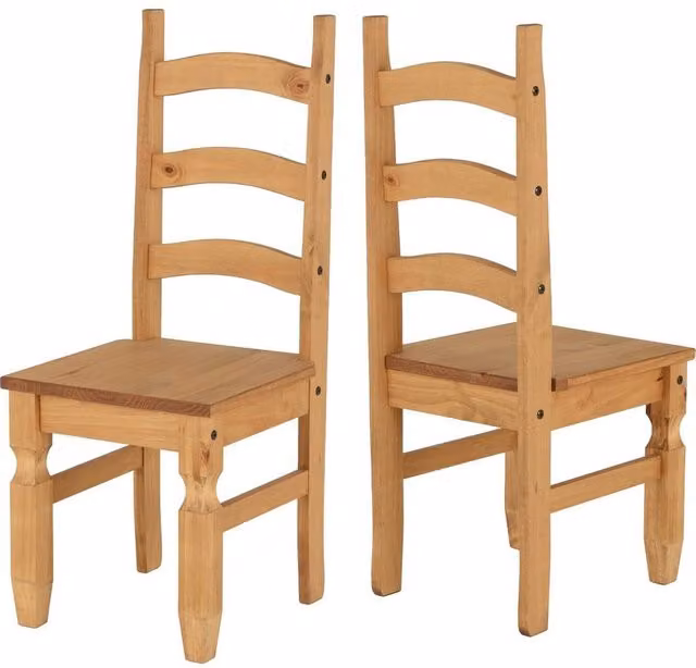 FORGEVIO Pair of Rustic Mexican Waxed Solid Pine Dining Chairs in Sand Brown with Synthetic Leather