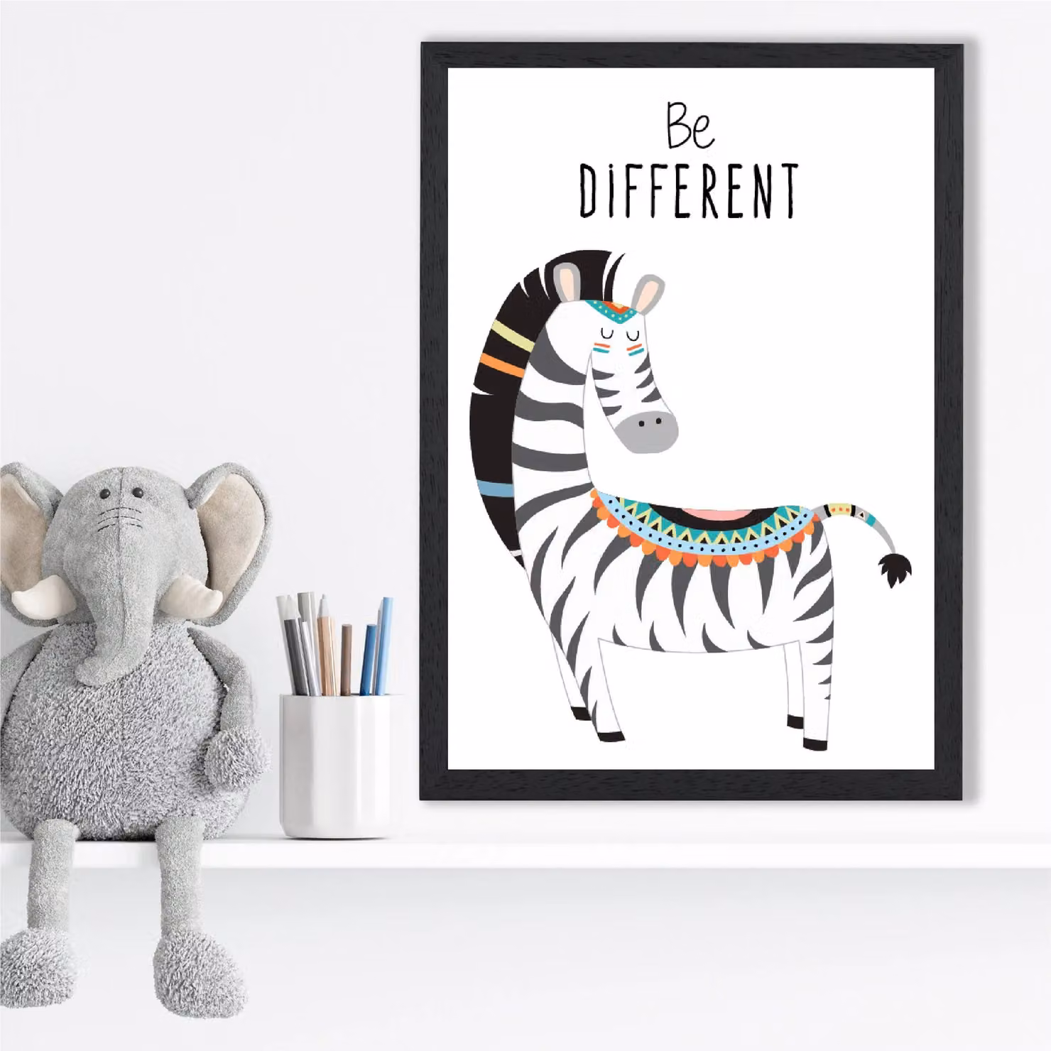 ARTZE Be Different Zebra Tribal Animal Quote Framed Print in Grey with Black Frame, A3 – 2