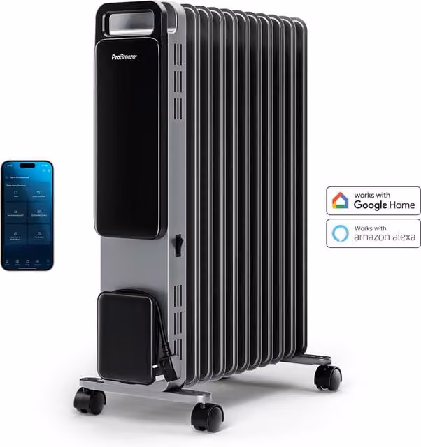 Pro Breeze 2500W 11-Fin Oil-Filled Radiator with Digital Display, Smart App Control and Timer, Silver