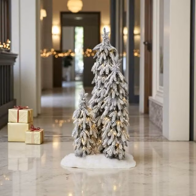 Garden Greatness Set of 3 Pre-Lit Flocked Snowy Christmas Trees in Brown and White