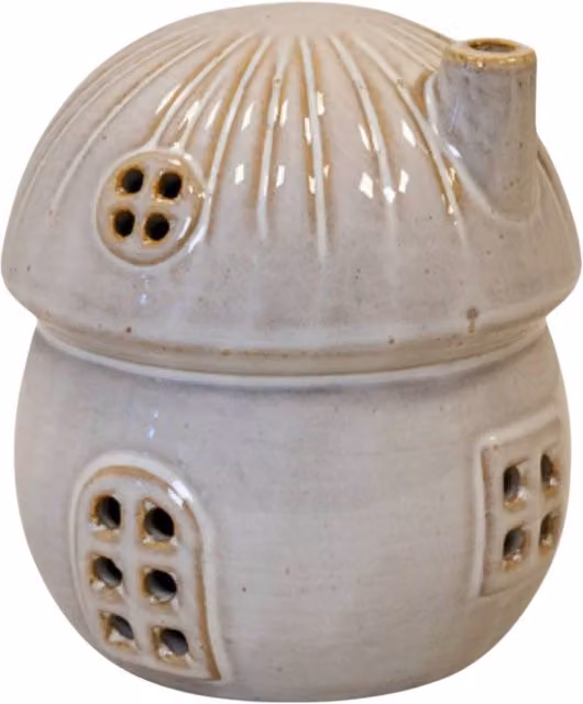 Four Candle Glazed Ceramic Mushroom House LED Ornament with Textured Detail in Beige