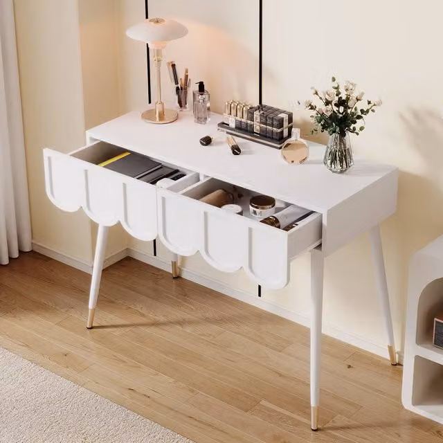 Rolipo White Modern Dressing Table with 2 Drawers and Metal Legs