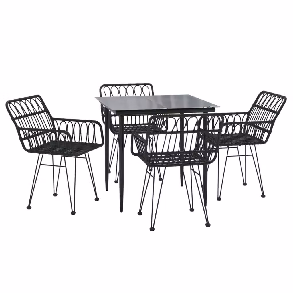 Berkfield Home 5 Piece Modern Garden Dining Set in Black Poly Rattan with Metal and Glass Details