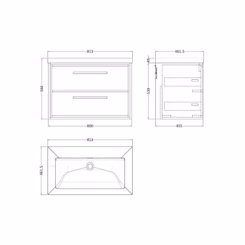 Balterley Wall Hung Vanity Unit with Rectangular Basin and 2 Soft Close Drawers, Antique Oak, W: 81.3 cm, D: 46.2 cm, H: 58.4 cm – 2