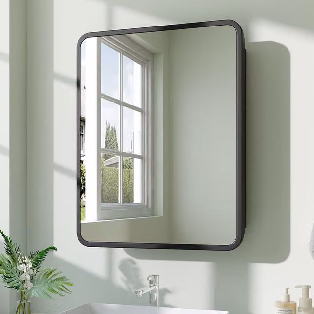 Livingandhome Modern Wall Mounted Black Bathroom Storage Mirror Cabinet with Glass Doors and Internal Shelves, Width: 61 cm