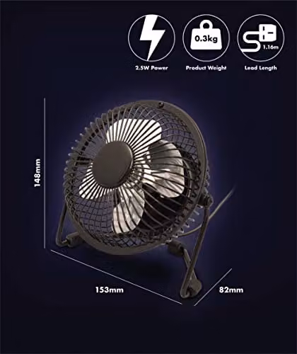 Prem-i-air Black Mini 4 inch USB Powered Desk Fan with Adjustable Head and Oscillation – 3