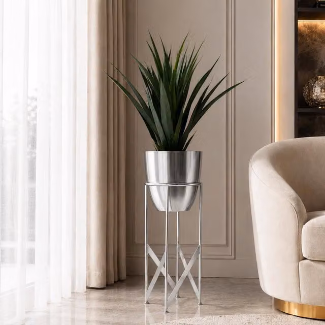 Botanik Silver Artificial Yukka Plant in a Round Metal Planter, Height: 90 cm