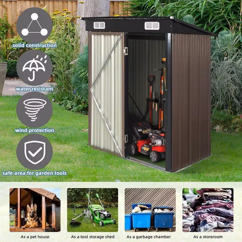 FLAVORA Heavy Duty Pent Garden Storage Shed in Brown, Galvanised Steel Metal Construction – 6