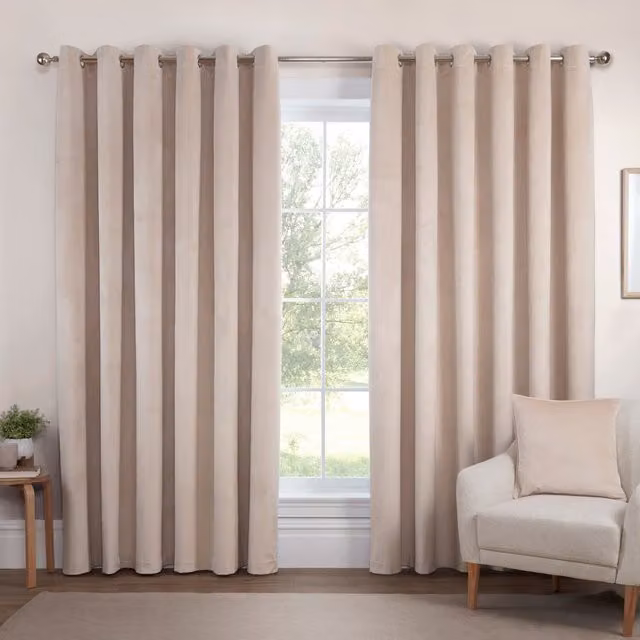 Divante Vermont Velvet Blackout Curtain in Beige with Eyelets and Sound Dampening Properties, Width: 168 cm, Height: 168 cm