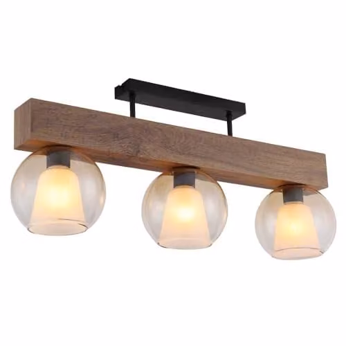 Netlighting Barry I Ceiling Spotlight Bar in Black and Wood with Amber Glass Shades for 3x E27 Bulbs