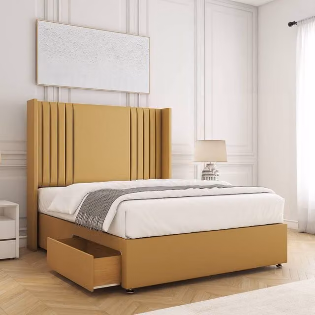 BSSPOKE Cheshire King Divan Bed with 54 inch Headboard and 2 Drawers in Yellow Plush Velvet, W/D/H: 180 x 200 cm