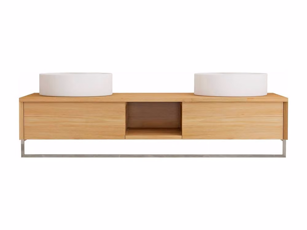 Vente-unique Suspended Teak Bathroom Vanity Unit with Towel Rail and Double Round Sinks in Light Oak – 2