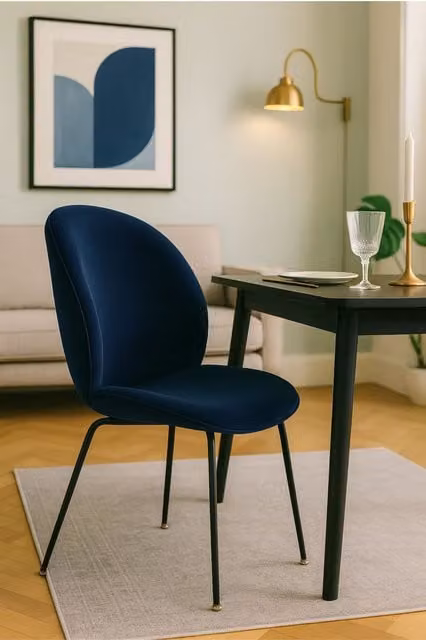 Fusion Living Luxurious Velvet Dining Chair with Black Metal Legs in Navy Blue