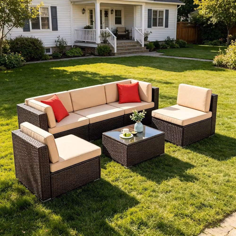 Lishetimig 6-Piece Dark Brown Polyrattan Outdoor Garden Furniture Set with Upholstered Cushions – 3