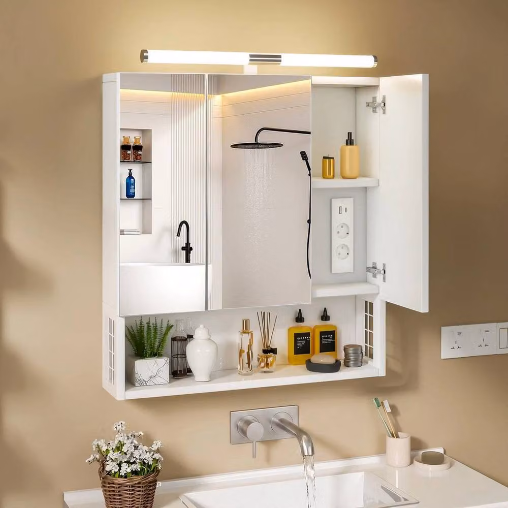 FORGEVIO White Wall-Mounted Bathroom Mirror Cabinet with LED Lighting and Shaver Socket – 2