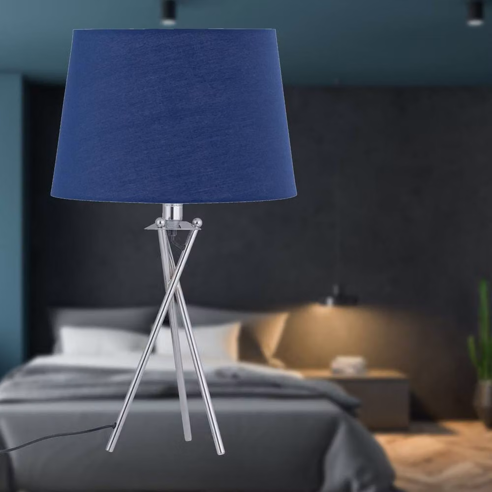 First Choice Lighting Tripod Table Lamp with Blue Fabric Shade and Chrome Base – 2
