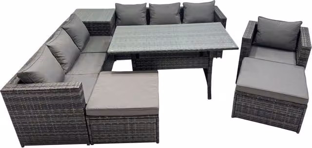 Fimous 9 Seater Garden Rattan Furniture Set in Dark Grey with Side Table and 2 Large Stools – 1