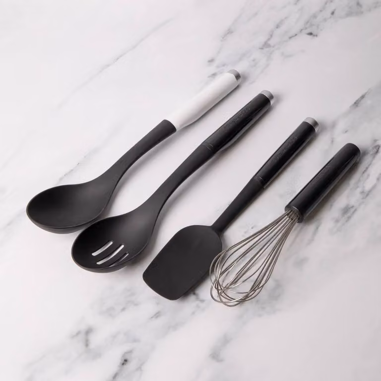 KitchenAid 4-Piece Onyx Black Silicone Kitchen Utensil Set including Spoon Spatula, Slotted Spoon, Whisk and Basting Spoon